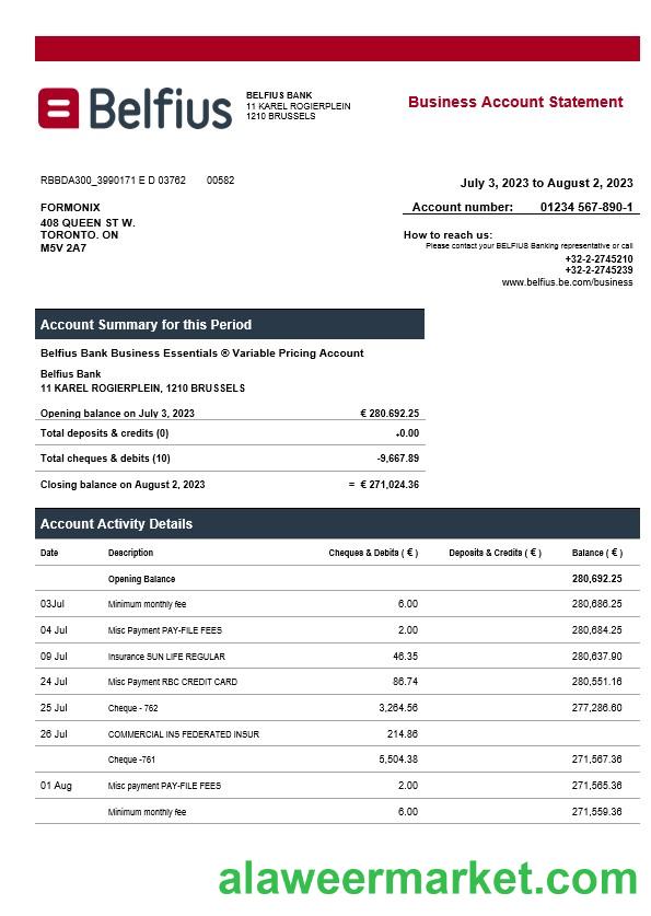 Belfius Bank enterprise statement Word and PDF template